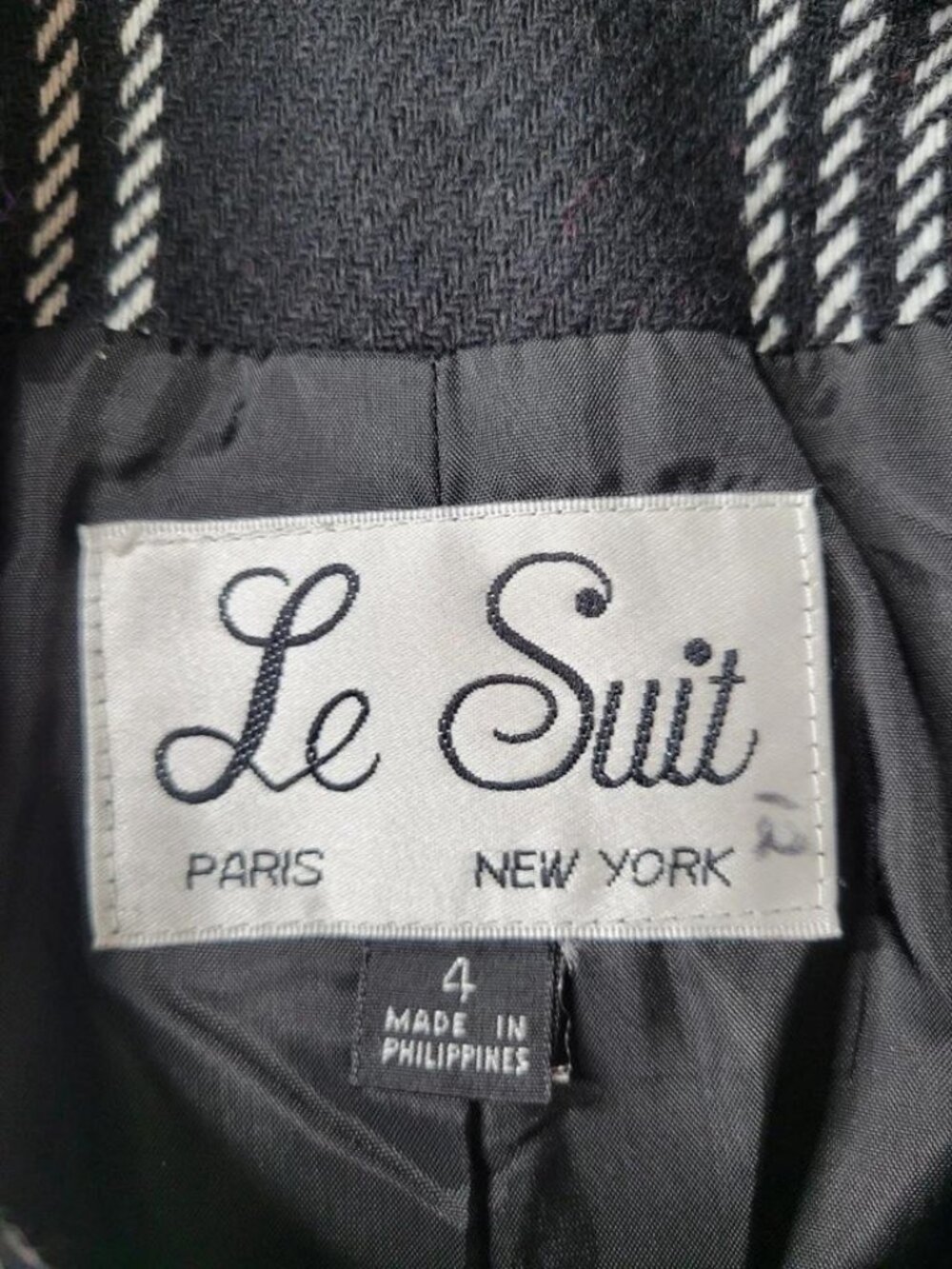 Le Suit Blazer Size 4 Black White Glen Plaid Check 3 Pockets Wool Blend Lined - Picture 5 of 11